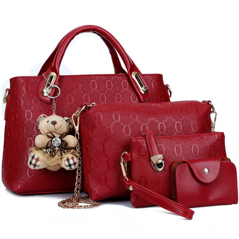 FiveloveTwo Women 4 Pcs Top Handle Satchel Hobo Handbag Set Tote +Purse +Shoulder Bag+Card Holder Red